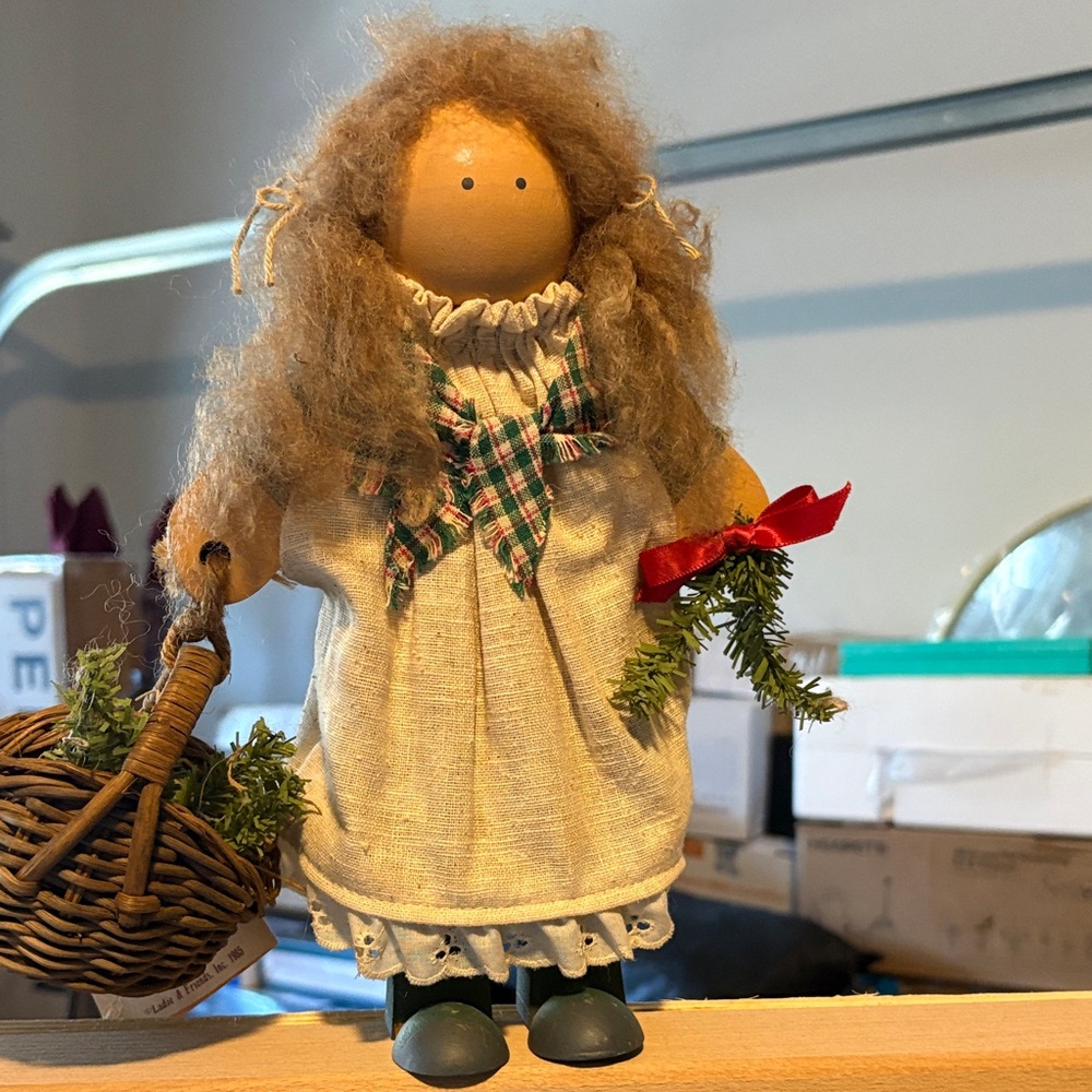 Handcrafted Holiday Doll with Basket and Greenery